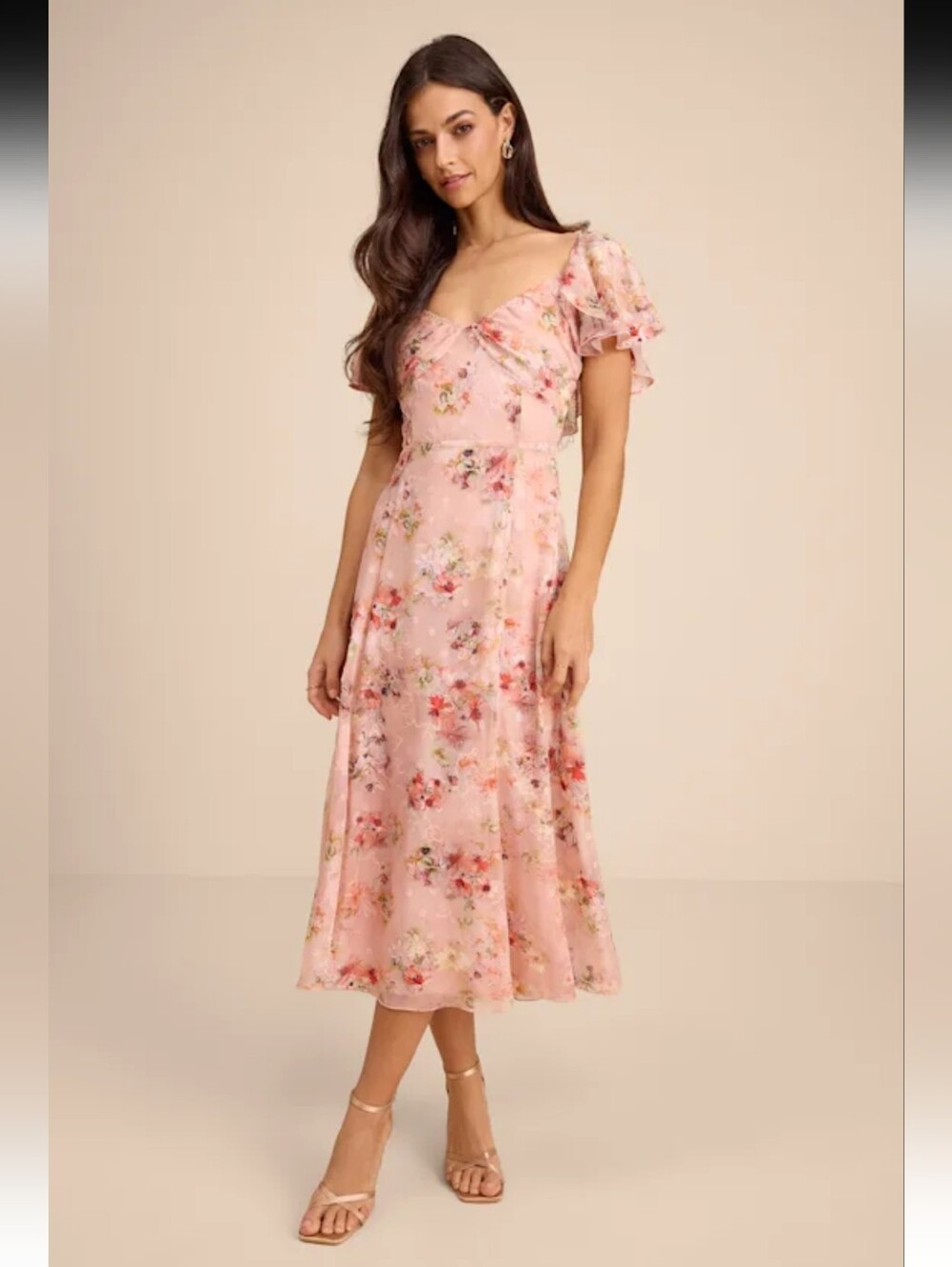 Lulu's Blush Floral Flutter-Sleeve Midi Dress Size M New #4G